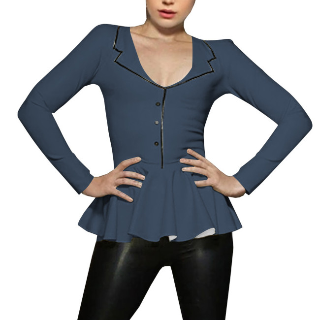 Spliced A-line Mermaid Women Shirt Sigle-breasted Lapel Long Sleeve Bodycon Blouse Latex Look Office Lady Fashion Match Tops