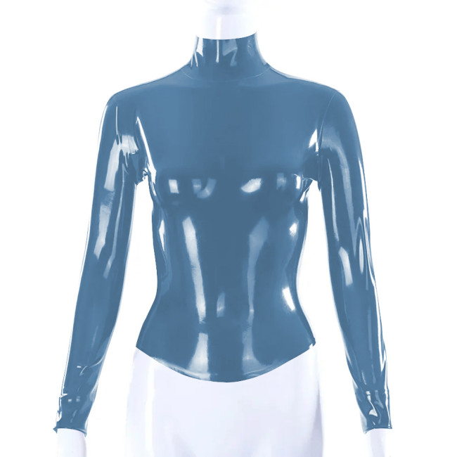 Shiny PVC Leather Latex Look Women Slim Fit T-shirt Back Zipper Long Sleeve High Neck Shirt Bodycon Blouse All-match Tops