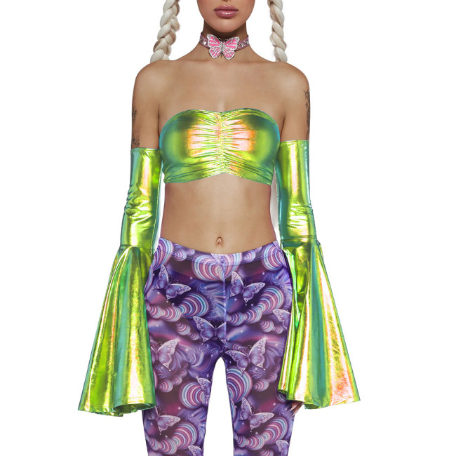 Women 2Pcs Set Oversleeve+chest Binder Holographic Laser Flared Cuff Sexy Backless Bodycon Chest Wrap Exotic Crop Tops