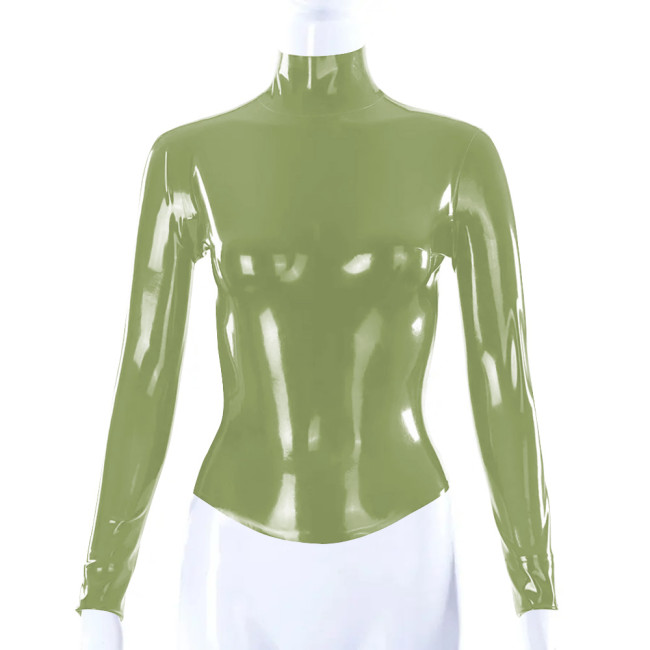 Shiny PVC Leather Latex Look Women Slim Fit T-shirt Back Zipper Long Sleeve High Neck Shirt Bodycon Blouse All-match Tops