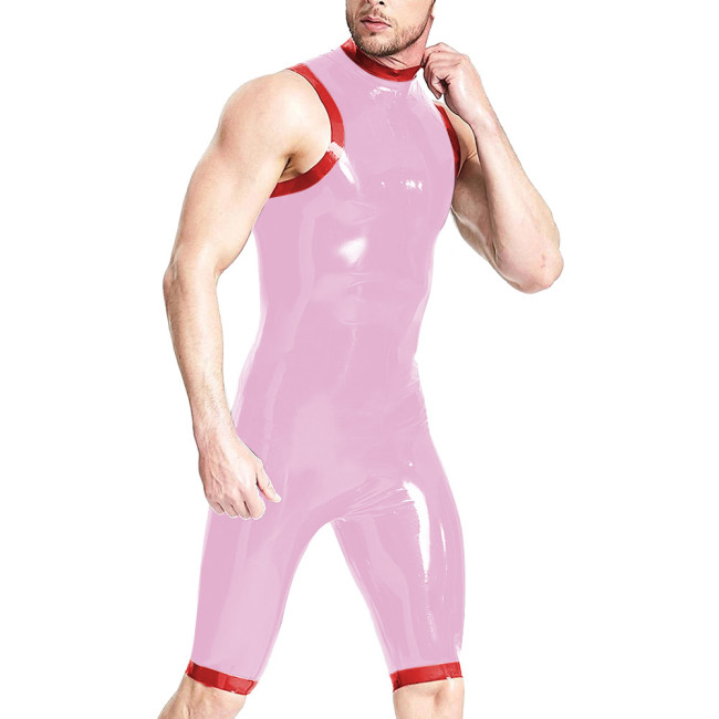 Patchwork Man Bodycon Bodysuits Latex Look Fetish Skintight Catsuit High Neck Sleeveless Back Zip Slim Teddies Sexy Club Attire