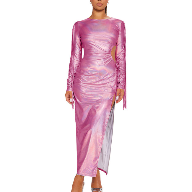 Holographic Laser Women Sexy High Split Bodycon Robe Long Sleeve Crew Neck Long Dress Solid Ccolor Slim Fit Maxi Dresses