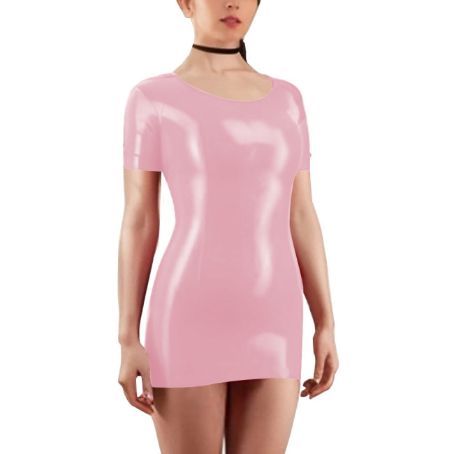 Scoop Neck Short Sleeve Solid Color Women Bodycon Mini Dress Shiny PVC Leather Faux Latex Skinny Wrap Hip Sheath Casual Appreal