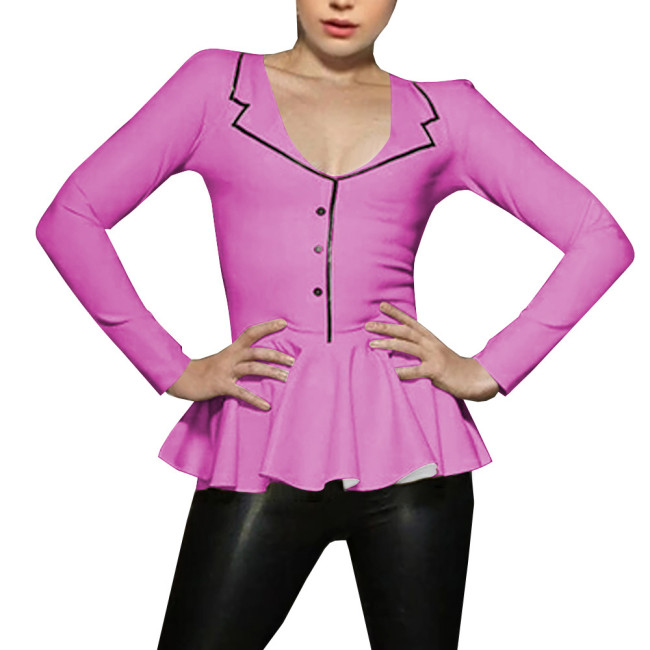 Spliced A-line Mermaid Women Shirt Sigle-breasted Lapel Long Sleeve Bodycon Blouse Latex Look Office Lady Fashion Match Tops