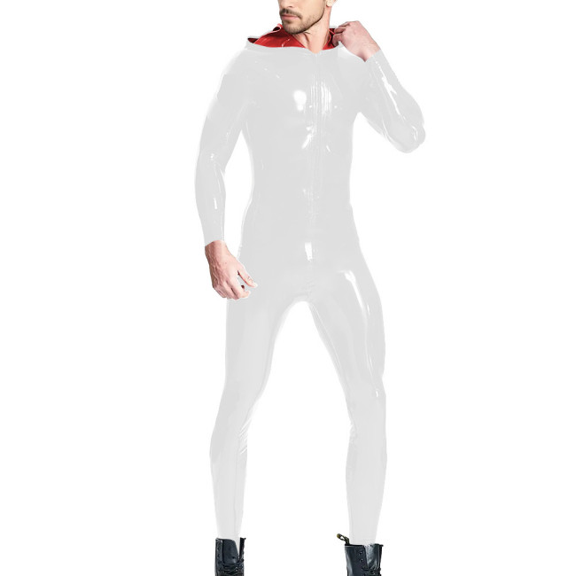 Man High Street Latex Look Jumpsuit Shiny PVC Leather Candy Color Hooded Rompers Long Sleeve Front Zip Teddies Club Stage Attire