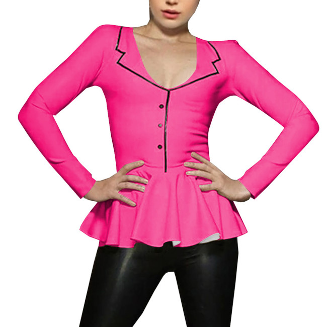 Spliced A-line Mermaid Women Shirt Sigle-breasted Lapel Long Sleeve Bodycon Blouse Latex Look Office Lady Fashion Match Tops