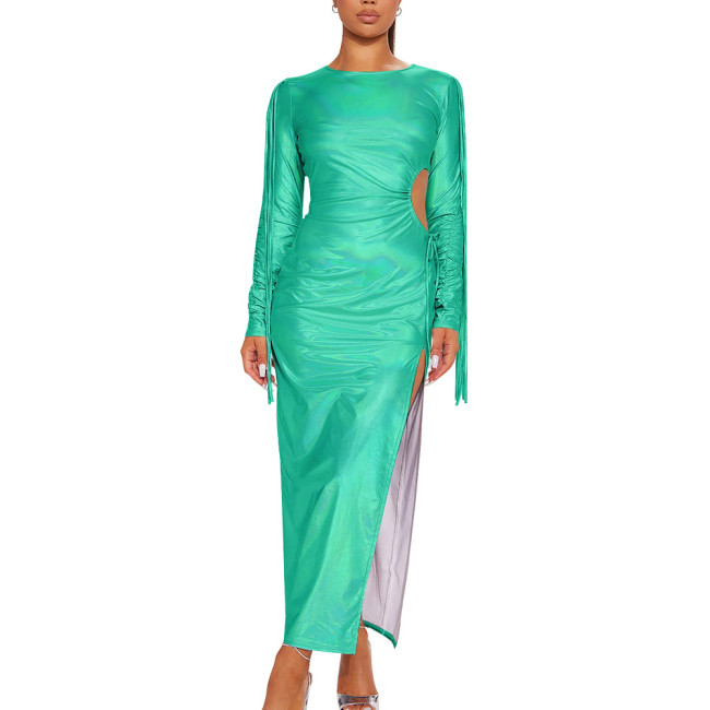 Holographic Laser Women Sexy High Split Bodycon Robe Long Sleeve Crew Neck Long Dress Solid Ccolor Slim Fit Maxi Dresses