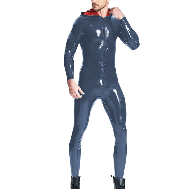 Man High Street Latex Look Jumpsuit Shiny PVC Leather Candy Color Hooded Rompers Long Sleeve Front Zip Teddies Club Stage Attire