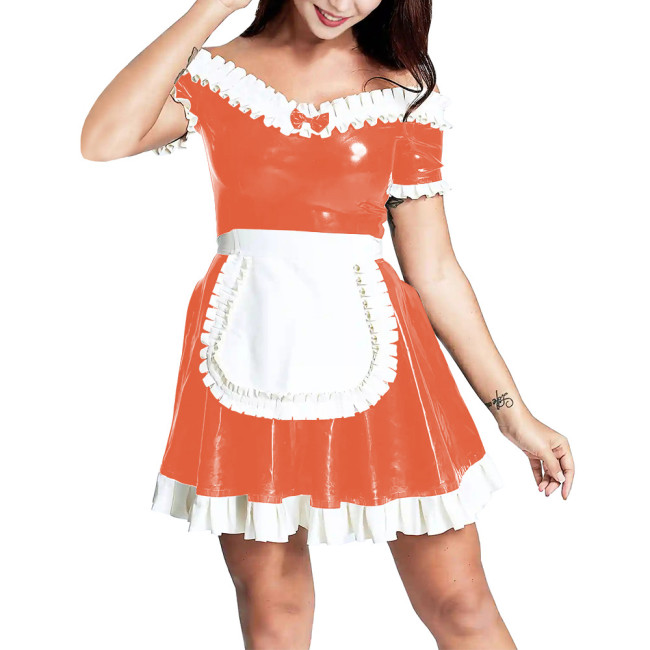 Slash V-neck Women Bodycon Ruffled Maid Dress with Apron Patchwork Ruched Hems  A-line Pleated Mini Dress Maid Cosplay Costume