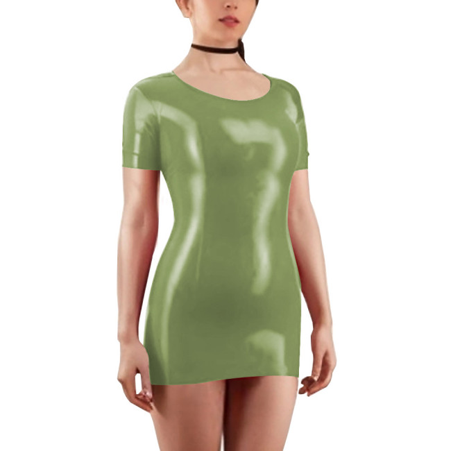 Scoop Neck Short Sleeve Solid Color Women Bodycon Mini Dress Shiny PVC Leather Faux Latex Skinny Wrap Hip Sheath Casual Appreal