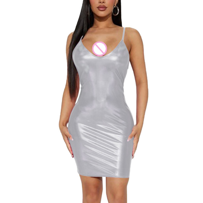 Women Erotic Spaghetti Slip Bodycon Dress Sexy Package Hips Skintight Mini Dress Holographic Laser Sundress Exotic Dancewear
