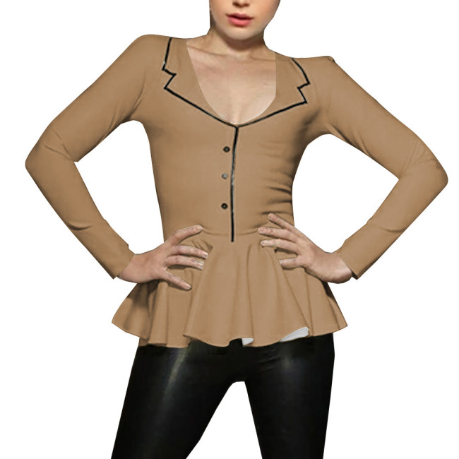 Spliced A-line Mermaid Women Shirt Sigle-breasted Lapel Long Sleeve Bodycon Blouse Latex Look Office Lady Fashion Match Tops