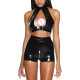 Exotic 2Pcs Set Bolero+shorts Novelty Belt Halter Backless Crop Tops Zip To Crotch Shorts Shiny PVC Latex Look Punk Style Attire