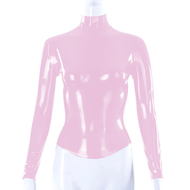 Shiny PVC Leather Latex Look Women Slim Fit T-shirt Back Zipper Long Sleeve High Neck Shirt Bodycon Blouse All-match Tops