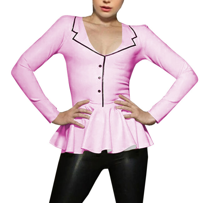 Spliced A-line Mermaid Women Shirt Sigle-breasted Lapel Long Sleeve Bodycon Blouse Latex Look Office Lady Fashion Match Tops