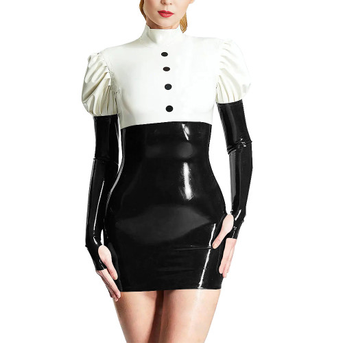 Back Zipper High Neck Long Sleeve Dress Novelty Patchwork Bodycon Mini Dress Sexy Package Hip Skintight Pencil Vestido for Women