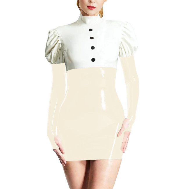Back Zipper High Neck Long Sleeve Dress Novelty Patchwork Bodycon Mini Dress Sexy Package Hip Skintight Pencil Vestido for Women