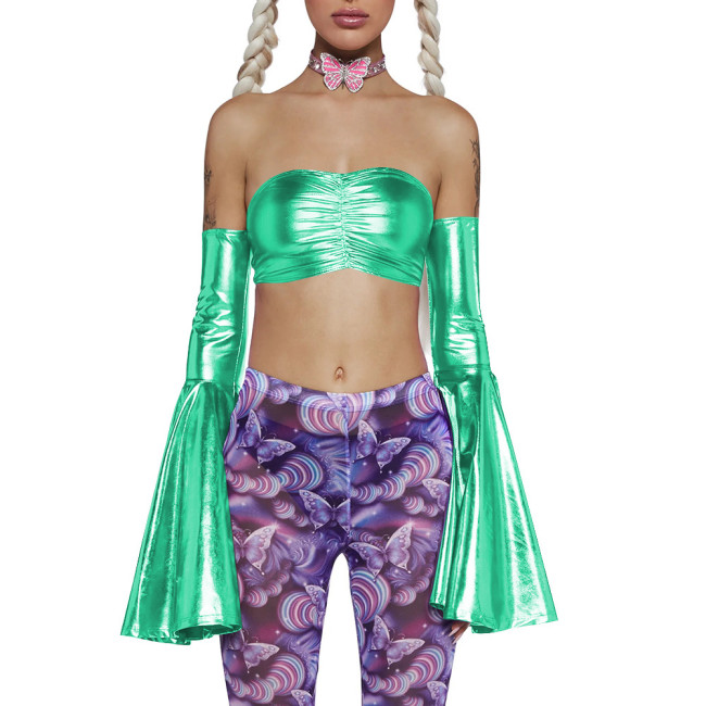 Women 2Pcs Set Oversleeve+chest Binder Holographic Laser Flared Cuff Sexy Backless Bodycon Chest Wrap Exotic Crop Tops