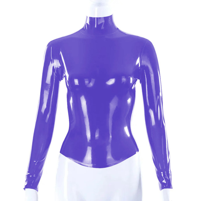 Shiny PVC Leather Latex Look Women Slim Fit T-shirt Back Zipper Long Sleeve High Neck Shirt Bodycon Blouse All-match Tops