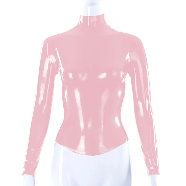 Shiny PVC Leather Latex Look Women Slim Fit T-shirt Back Zipper Long Sleeve High Neck Shirt Bodycon Blouse All-match Tops