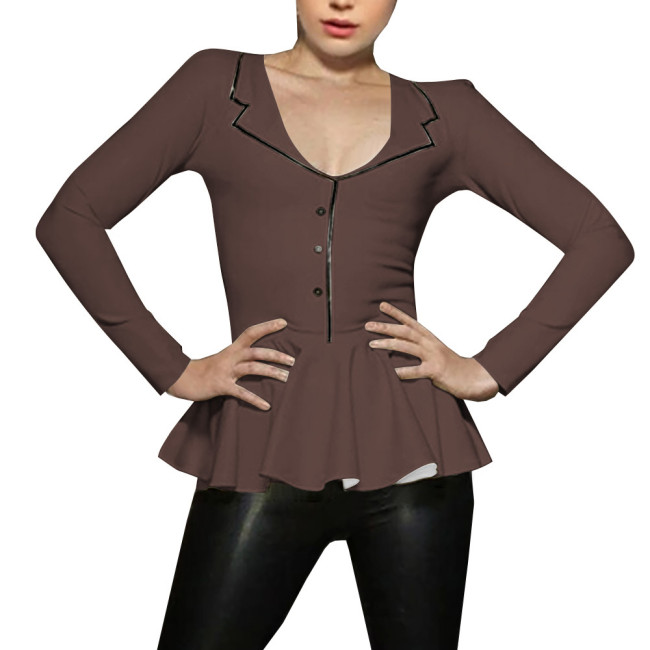 Spliced A-line Mermaid Women Shirt Sigle-breasted Lapel Long Sleeve Bodycon Blouse Latex Look Office Lady Fashion Match Tops