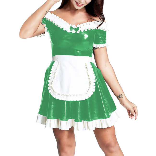 Slash V-neck Women Bodycon Ruffled Maid Dress with Apron Patchwork Ruched Hems  A-line Pleated Mini Dress Maid Cosplay Costume
