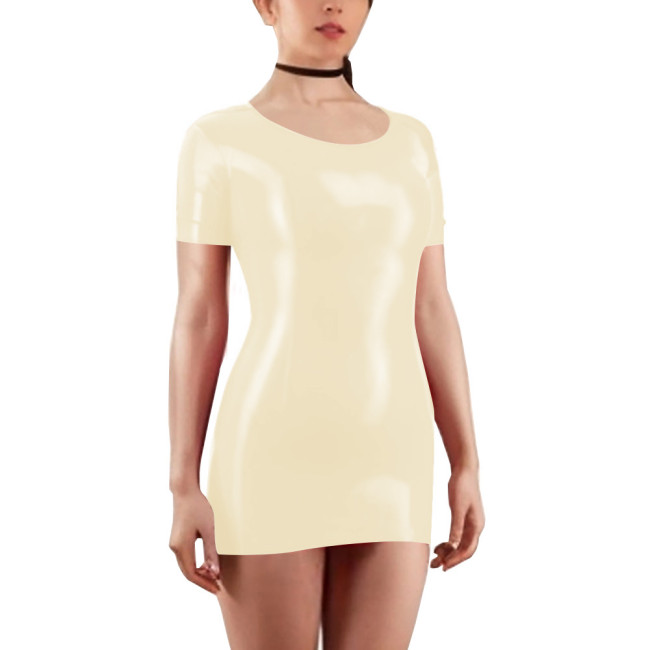 Scoop Neck Short Sleeve Solid Color Women Bodycon Mini Dress Shiny PVC Leather Faux Latex Skinny Wrap Hip Sheath Casual Appreal