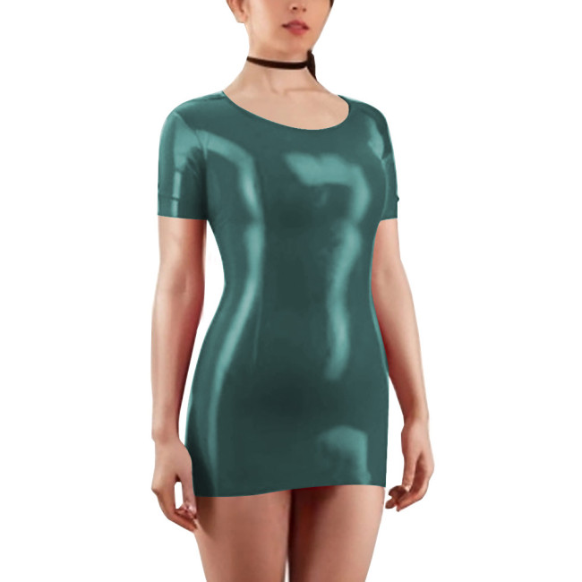 Scoop Neck Short Sleeve Solid Color Women Bodycon Mini Dress Shiny PVC Leather Faux Latex Skinny Wrap Hip Sheath Casual Appreal