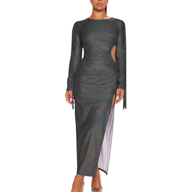 Holographic Laser Women Sexy High Split Bodycon Robe Long Sleeve Crew Neck Long Dress Solid Ccolor Slim Fit Maxi Dresses