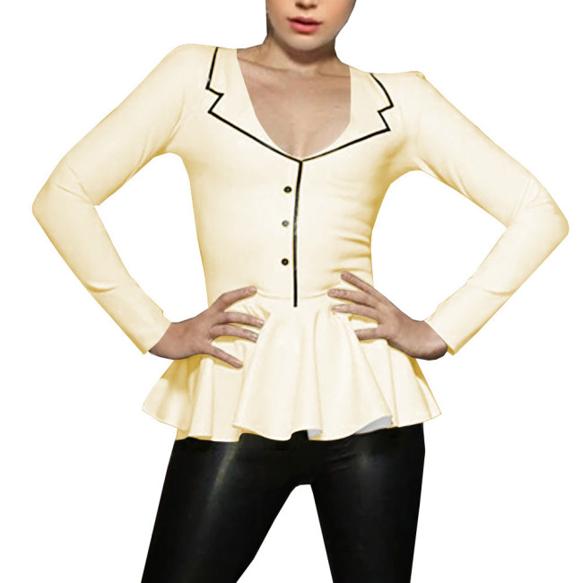 Spliced A-line Mermaid Women Shirt Sigle-breasted Lapel Long Sleeve Bodycon Blouse Latex Look Office Lady Fashion Match Tops