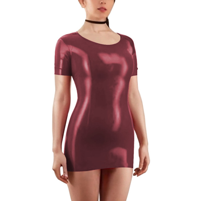 Scoop Neck Short Sleeve Solid Color Women Bodycon Mini Dress Shiny PVC Leather Faux Latex Skinny Wrap Hip Sheath Casual Appreal