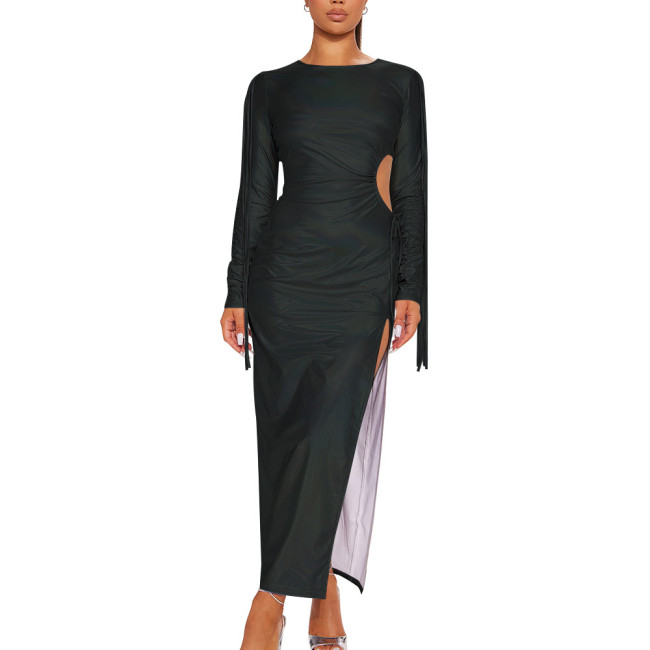 Holographic Laser Women Sexy High Split Bodycon Robe Long Sleeve Crew Neck Long Dress Solid Ccolor Slim Fit Maxi Dresses