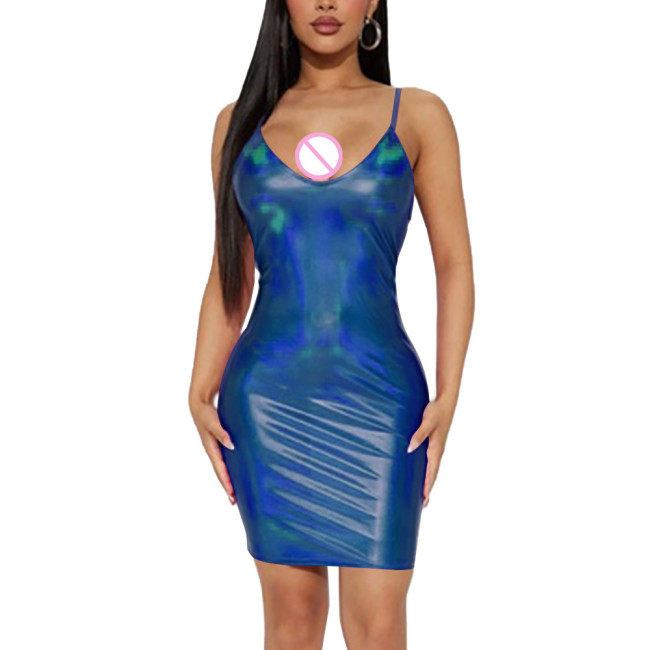 Women Erotic Spaghetti Slip Bodycon Dress Sexy Package Hips Skintight Mini Dress Holographic Laser Sundress Exotic Dancewear