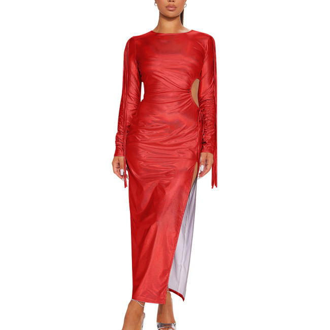 Holographic Laser Women Sexy High Split Bodycon Robe Long Sleeve Crew Neck Long Dress Solid Ccolor Slim Fit Maxi Dresses