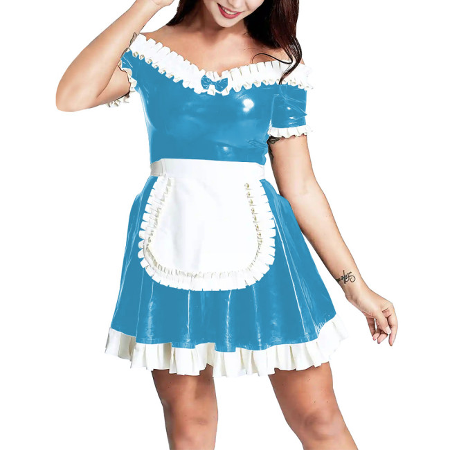 Slash V-neck Women Bodycon Ruffled Maid Dress with Apron Patchwork Ruched Hems  A-line Pleated Mini Dress Maid Cosplay Costume