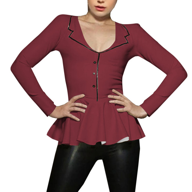 Spliced A-line Mermaid Women Shirt Sigle-breasted Lapel Long Sleeve Bodycon Blouse Latex Look Office Lady Fashion Match Tops