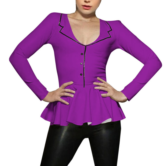 Spliced A-line Mermaid Women Shirt Sigle-breasted Lapel Long Sleeve Bodycon Blouse Latex Look Office Lady Fashion Match Tops