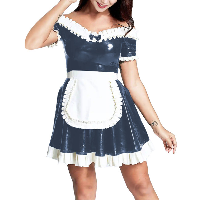 Slash V-neck Women Bodycon Ruffled Maid Dress with Apron Patchwork Ruched Hems  A-line Pleated Mini Dress Maid Cosplay Costume
