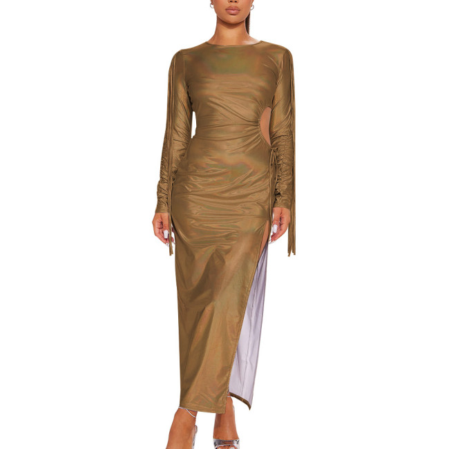 Holographic Laser Women Sexy High Split Bodycon Robe Long Sleeve Crew Neck Long Dress Solid Ccolor Slim Fit Maxi Dresses