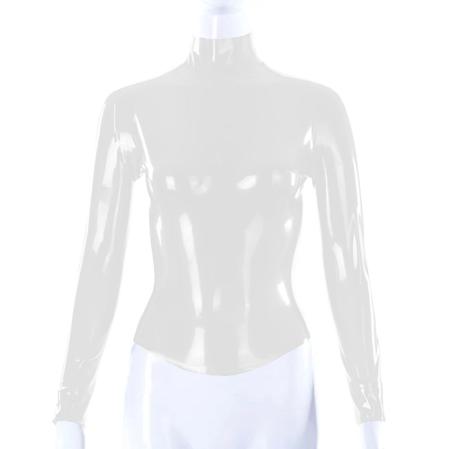 Shiny PVC Leather Latex Look Women Slim Fit T-shirt Back Zipper Long Sleeve High Neck Shirt Bodycon Blouse All-match Tops