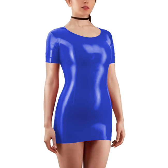 Scoop Neck Short Sleeve Solid Color Women Bodycon Mini Dress Shiny PVC Leather Faux Latex Skinny Wrap Hip Sheath Casual Appreal