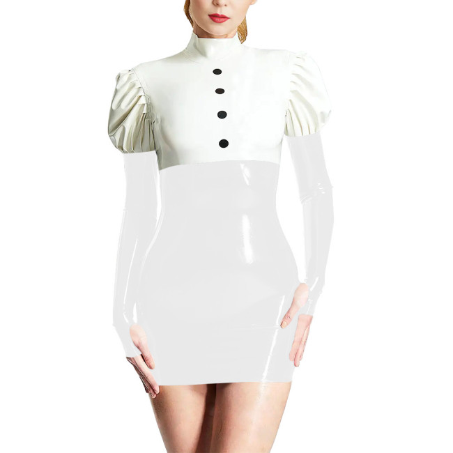 Back Zipper High Neck Long Sleeve Dress Novelty Patchwork Bodycon Mini Dress Sexy Package Hip Skintight Pencil Vestido for Women