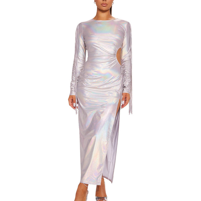 Holographic Laser Women Sexy High Split Bodycon Robe Long Sleeve Crew Neck Long Dress Solid Ccolor Slim Fit Maxi Dresses