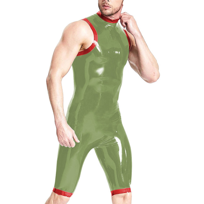 Patchwork Man Bodycon Bodysuits Latex Look Fetish Skintight Catsuit High Neck Sleeveless Back Zip Slim Teddies Sexy Club Attire