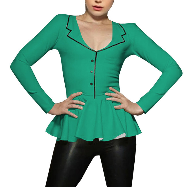 Spliced A-line Mermaid Women Shirt Sigle-breasted Lapel Long Sleeve Bodycon Blouse Latex Look Office Lady Fashion Match Tops