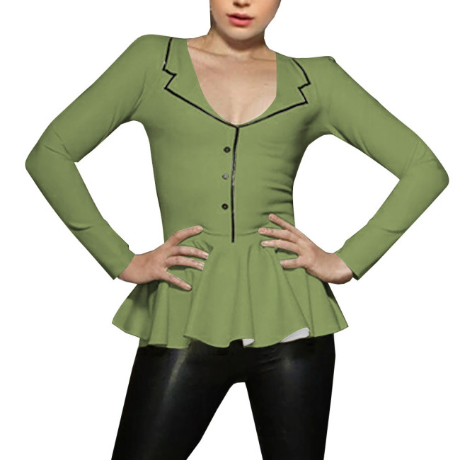 Spliced A-line Mermaid Women Shirt Sigle-breasted Lapel Long Sleeve Bodycon Blouse Latex Look Office Lady Fashion Match Tops