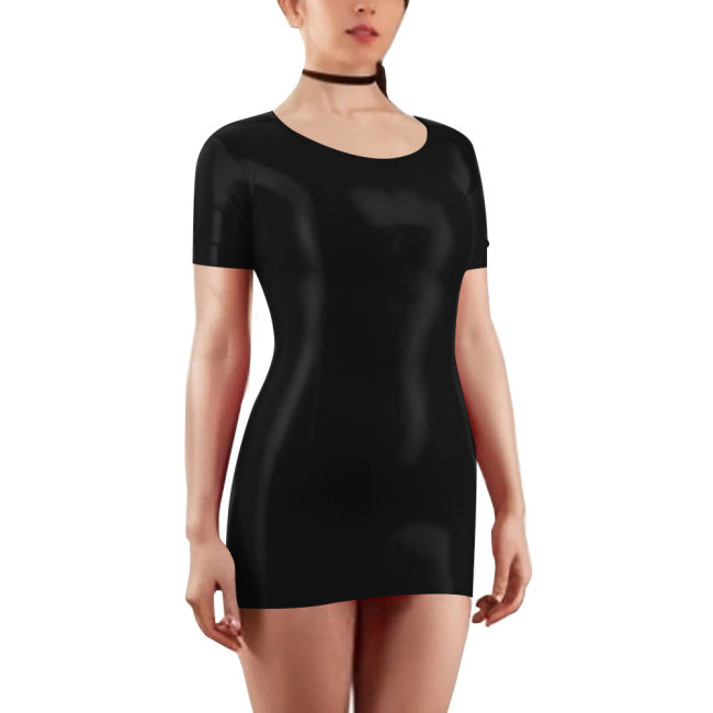 Scoop Neck Short Sleeve Solid Color Women Bodycon Mini Dress Shiny PVC Leather Faux Latex Skinny Wrap Hip Sheath Casual Appreal
