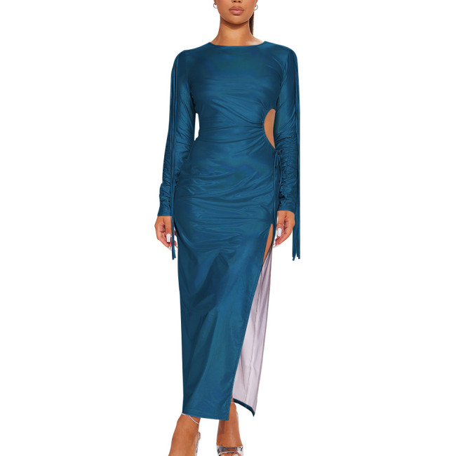 Holographic Laser Women Sexy High Split Bodycon Robe Long Sleeve Crew Neck Long Dress Solid Ccolor Slim Fit Maxi Dresses
