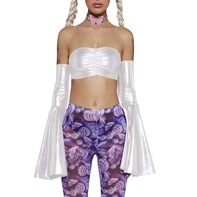 Women 2Pcs Set Oversleeve+chest Binder Holographic Laser Flared Cuff Sexy Backless Bodycon Chest Wrap Exotic Crop Tops