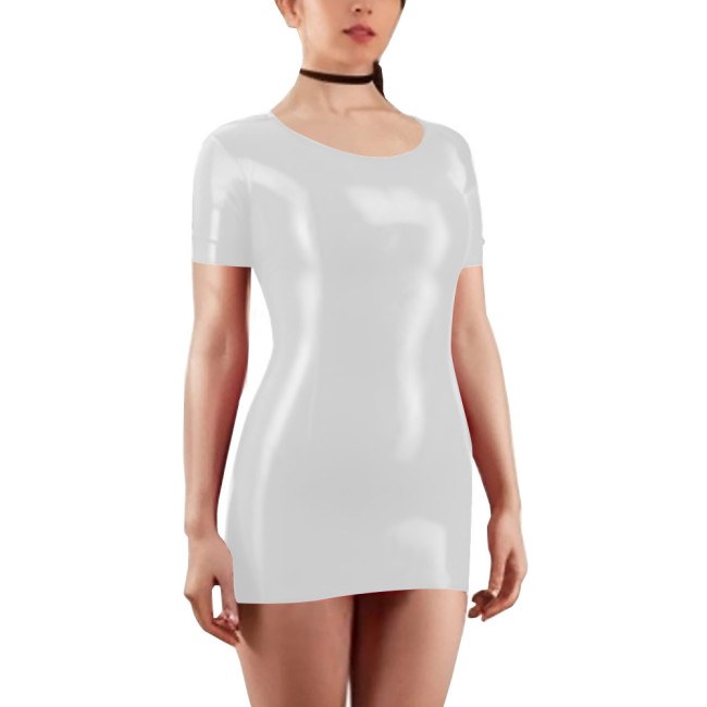 Scoop Neck Short Sleeve Solid Color Women Bodycon Mini Dress Shiny PVC Leather Faux Latex Skinny Wrap Hip Sheath Casual Appreal